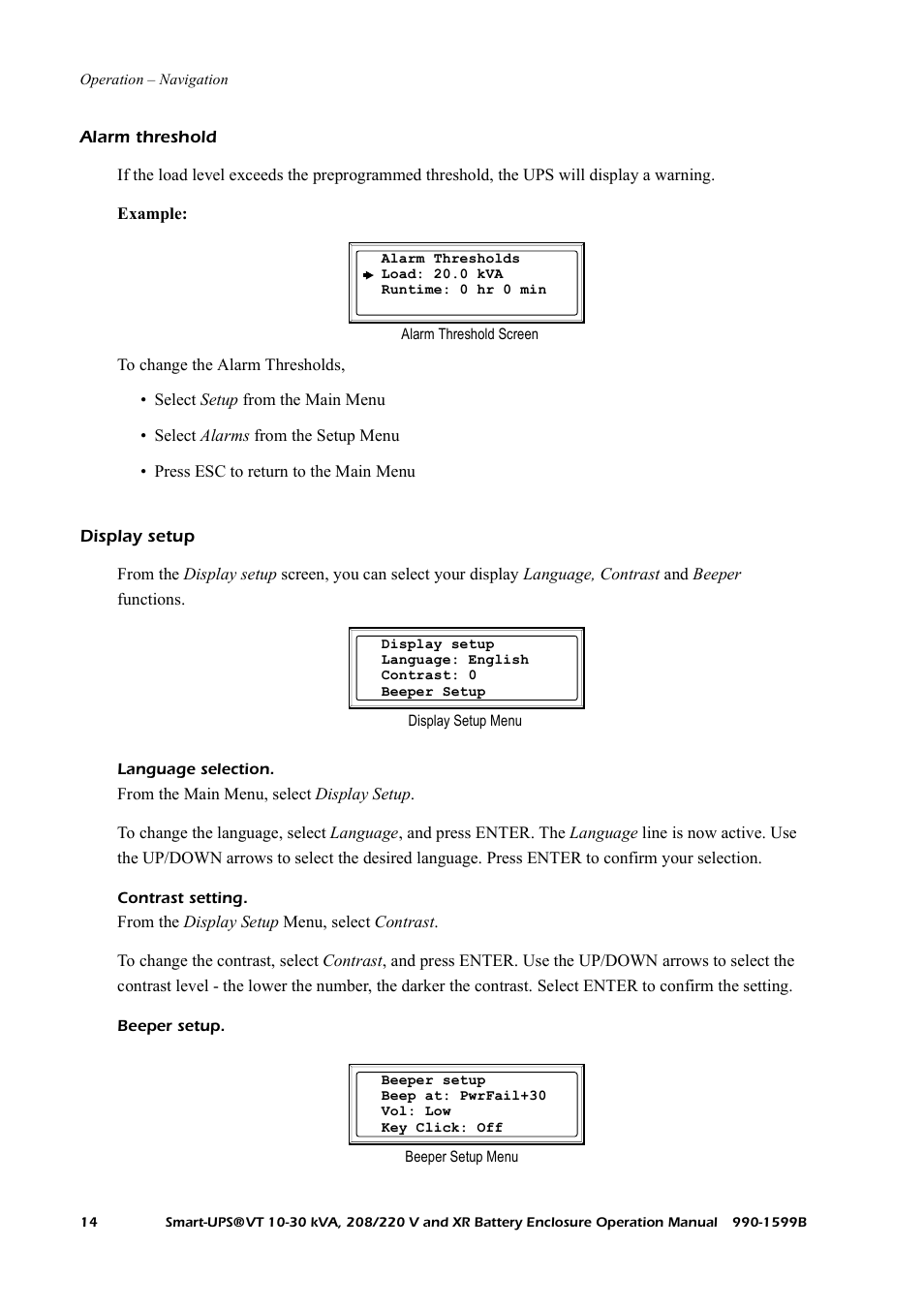 Alarm threshold, Display setup | American Power Conversion XR User Manual | Page 22 / 56