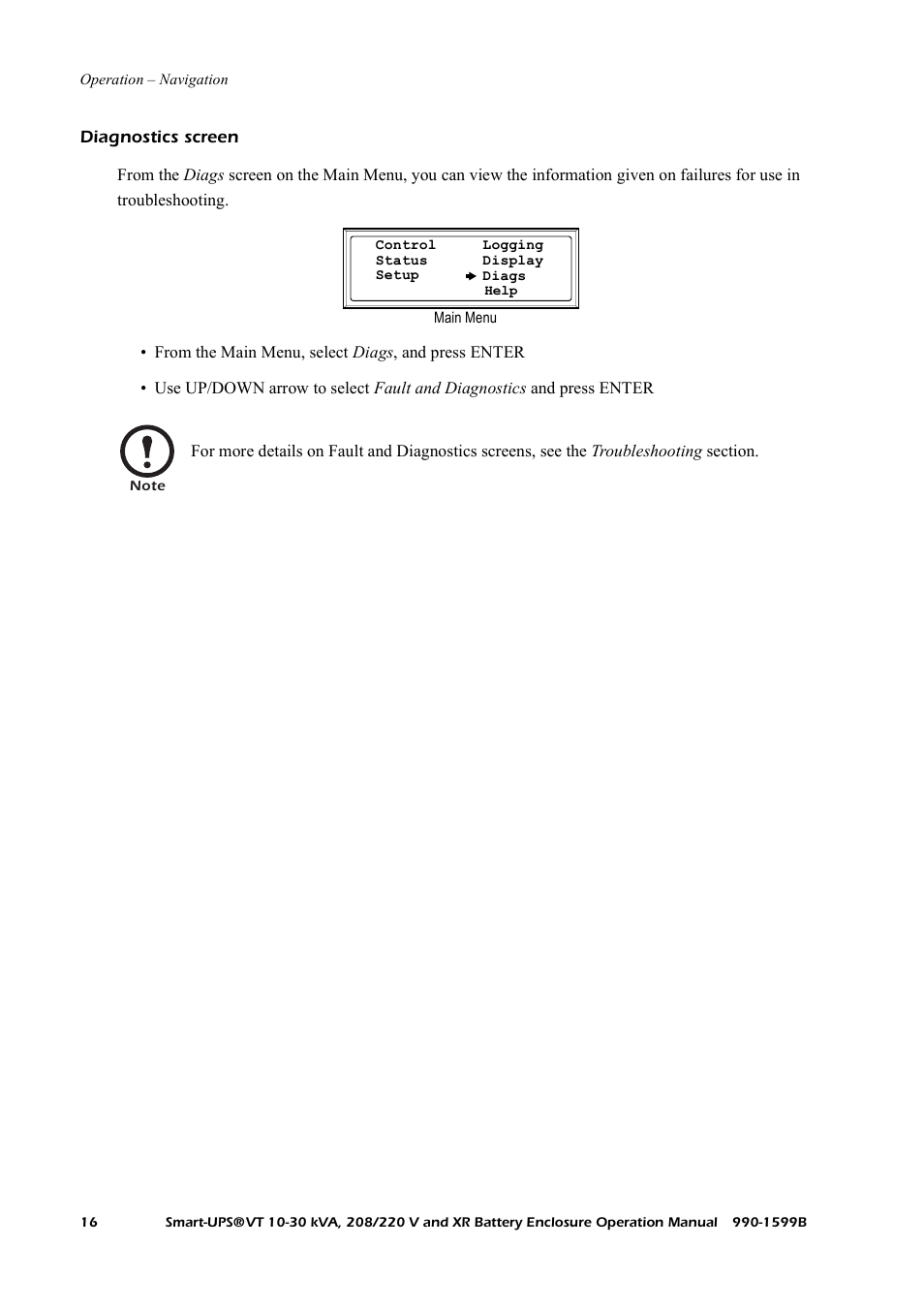 Diagnostics screen | American Power Conversion XR User Manual | Page 24 / 56