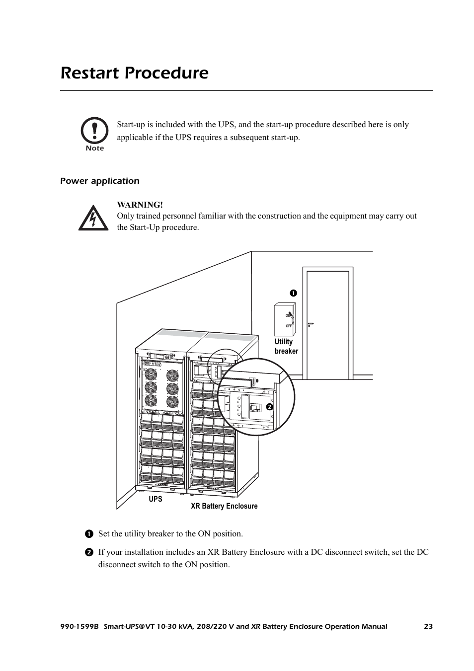 Restart procedure, Power application | American Power Conversion XR User Manual | Page 31 / 56