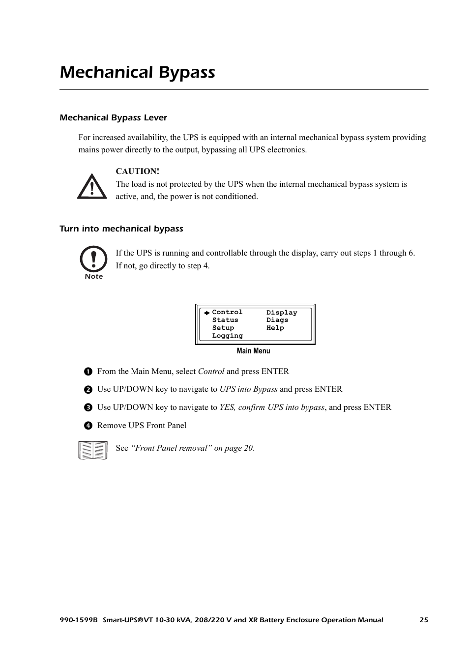 Mechanical bypass, Mechanical bypass lever, Turn into mechanical bypass | American Power Conversion XR User Manual | Page 33 / 56