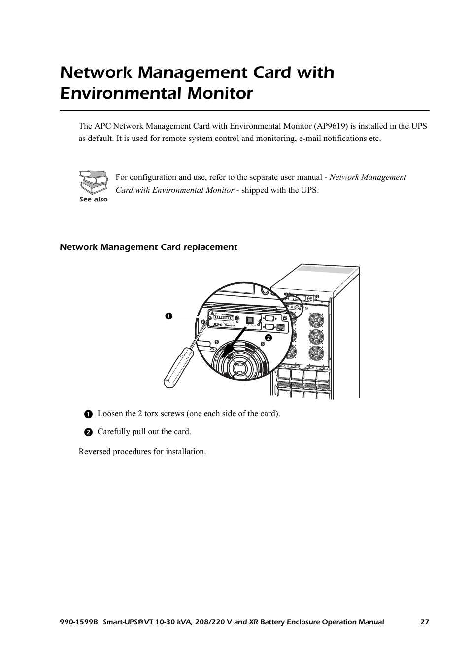 Network management card with environmental monitor, Network management card replacement | American Power Conversion XR User Manual | Page 35 / 56