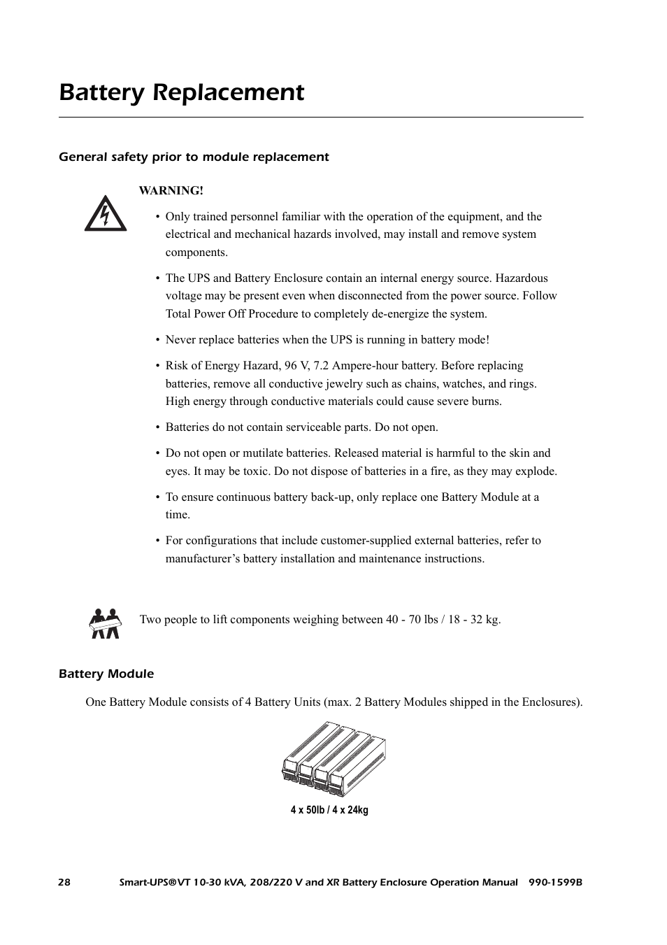 Battery replacement, General safety prior to module replacement, Battery module | American Power Conversion XR User Manual | Page 36 / 56