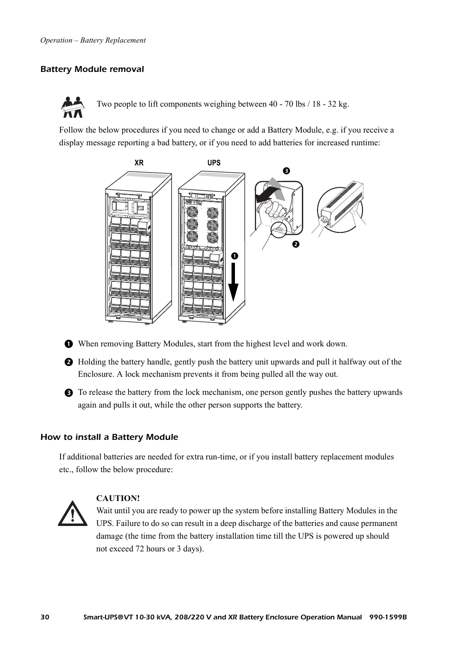 Battery module removal, How to install a battery module | American Power Conversion XR User Manual | Page 38 / 56