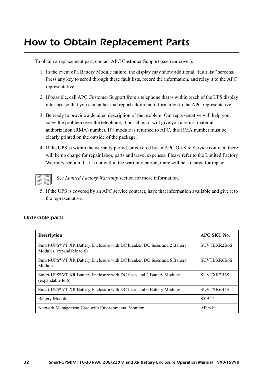 How to obtain replacement parts, Orderable parts | American Power Conversion XR User Manual | Page 40 / 56
