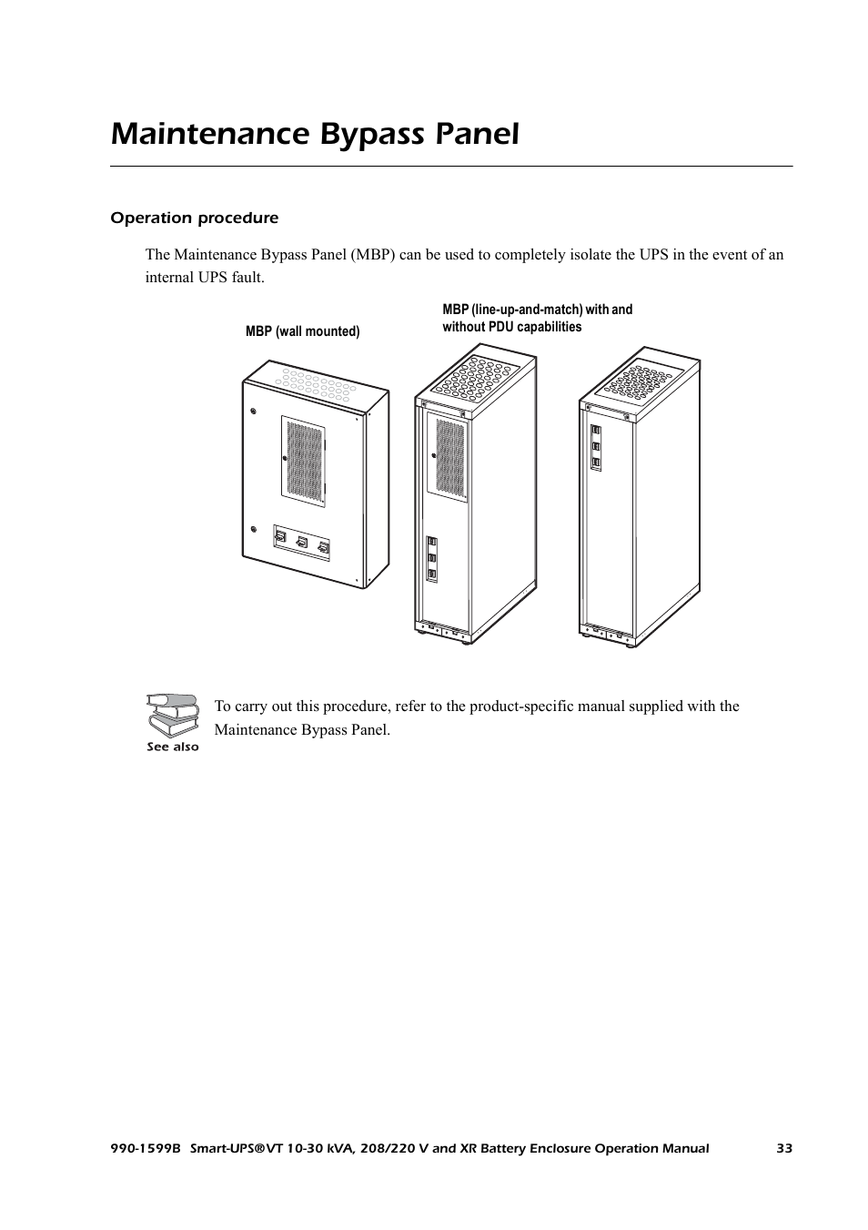 Maintenance bypass panel, Operation procedure | American Power Conversion XR User Manual | Page 41 / 56