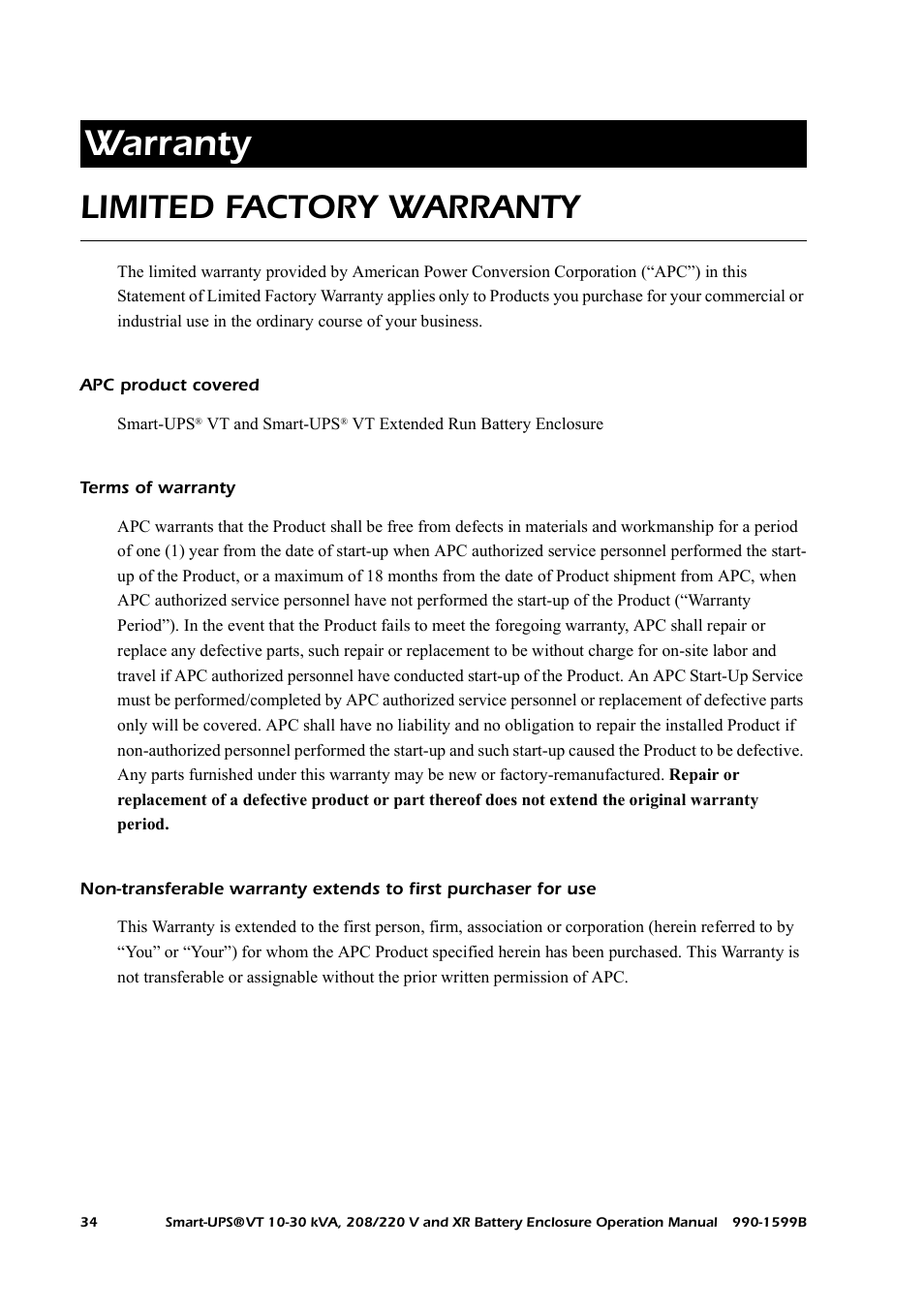 Warranty, Limited factory warranty, Apc product covered | Terms of warranty | American Power Conversion XR User Manual | Page 42 / 56