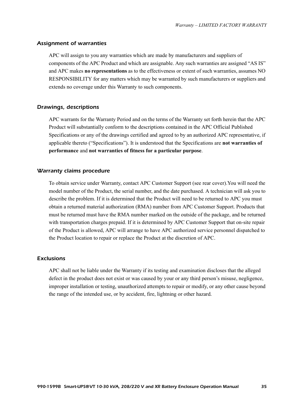 Assignment of warranties, Drawings, descriptions, Warranty claims procedure | Exclusions | American Power Conversion XR User Manual | Page 43 / 56