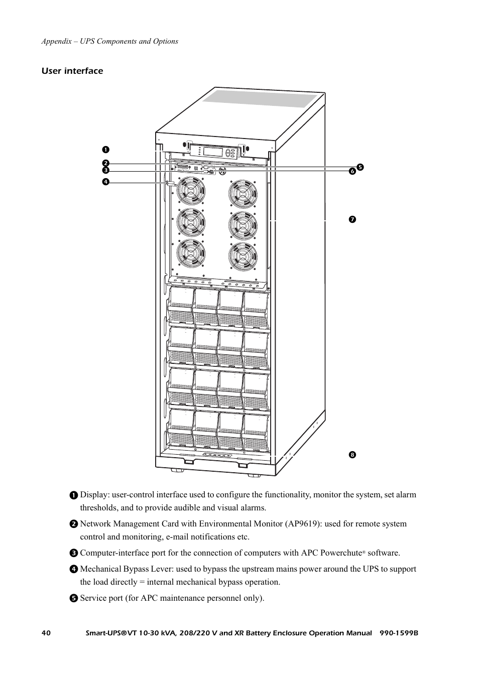 User interface, Software, Service port (for apc maintenance personnel only) | American Power Conversion XR User Manual | Page 48 / 56