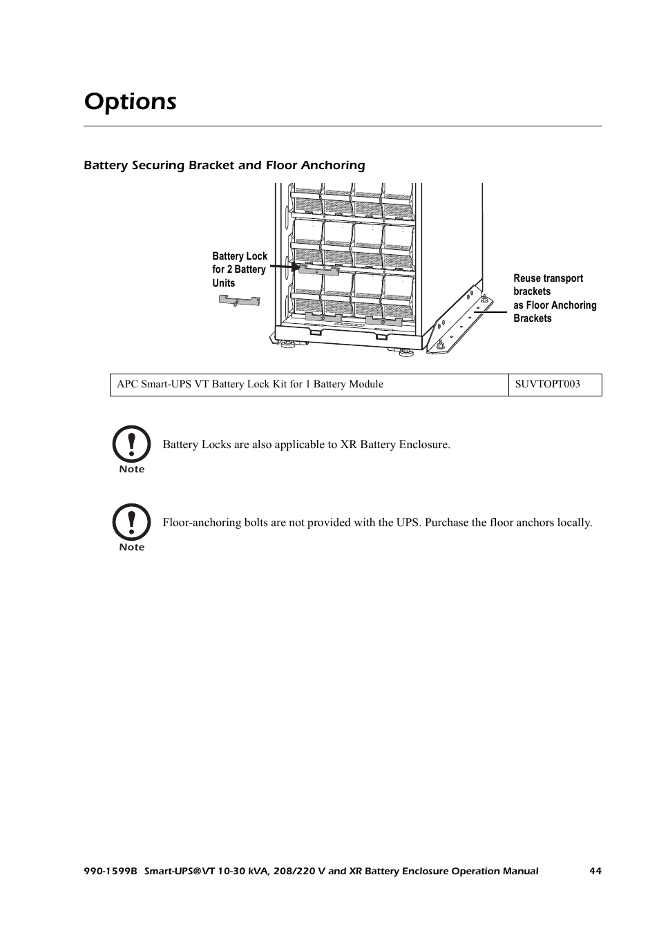 Options, Battery securing bracket and floor anchoring | American Power Conversion XR User Manual | Page 52 / 56