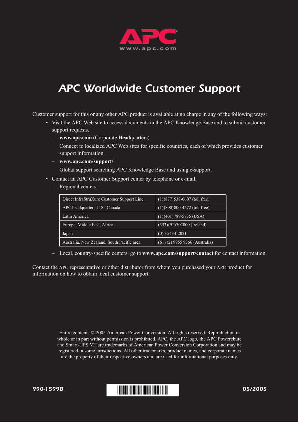 1599b, Apc worldwide customer support | American Power Conversion XR User Manual | Page 56 / 56