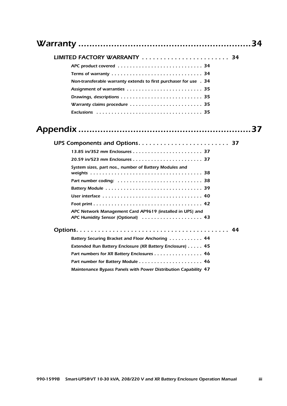 Warranty, Appendix, Limited factory warranty | Ups components and options, Options | American Power Conversion XR User Manual | Page 7 / 56