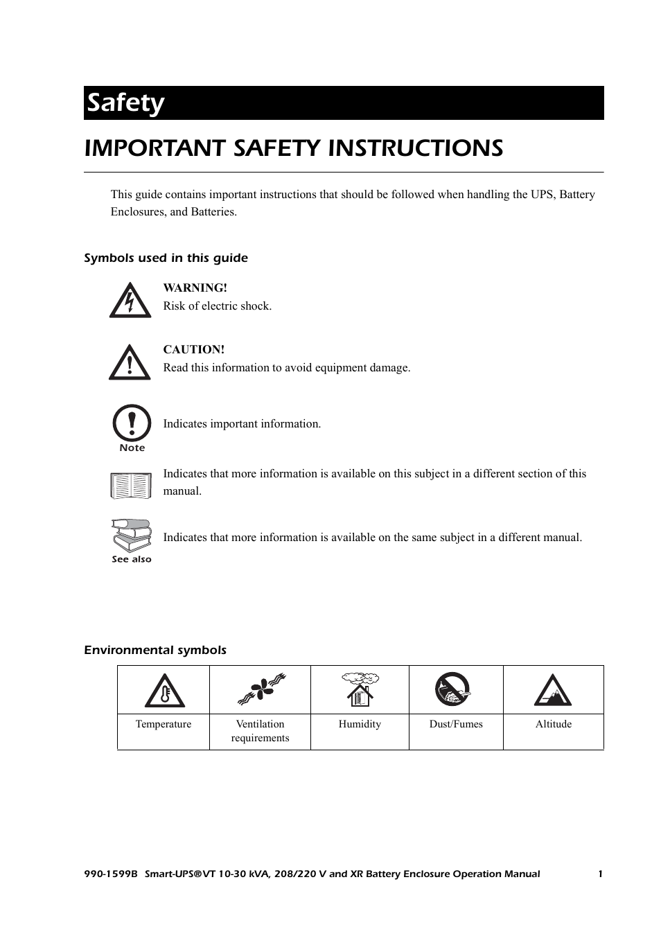 Safety, Important safety instructions, Symbols used in this guide | Environmental symbols | American Power Conversion XR User Manual | Page 9 / 56