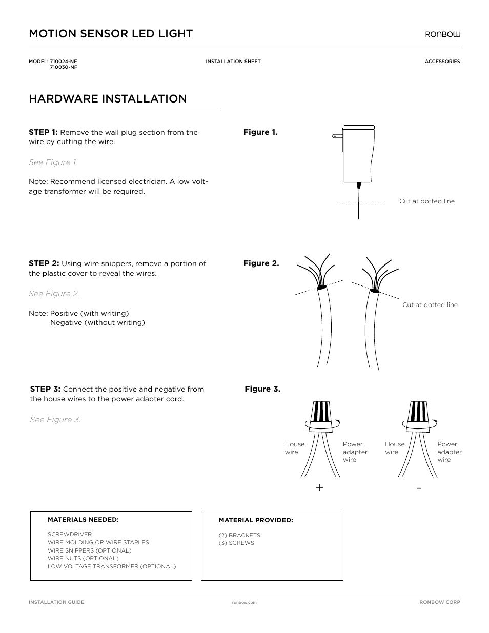 Motion sensor led light, Hardware installation | Ronbow Motion Sensor LED Light User Manual | Page 4 / 4