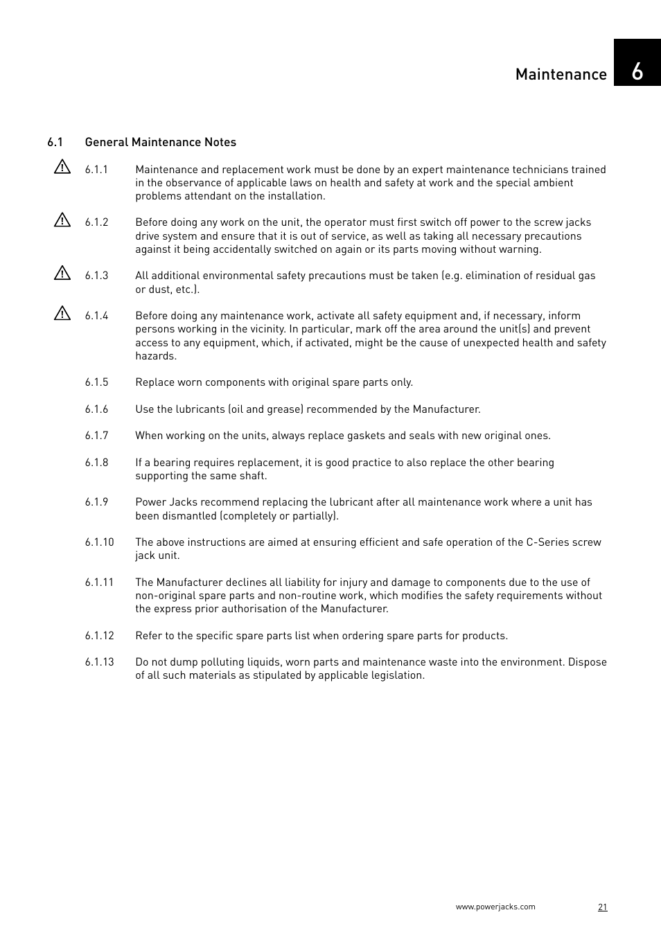 Maintenance | Power Jacks C-Series User Manual | Page 21 / 40