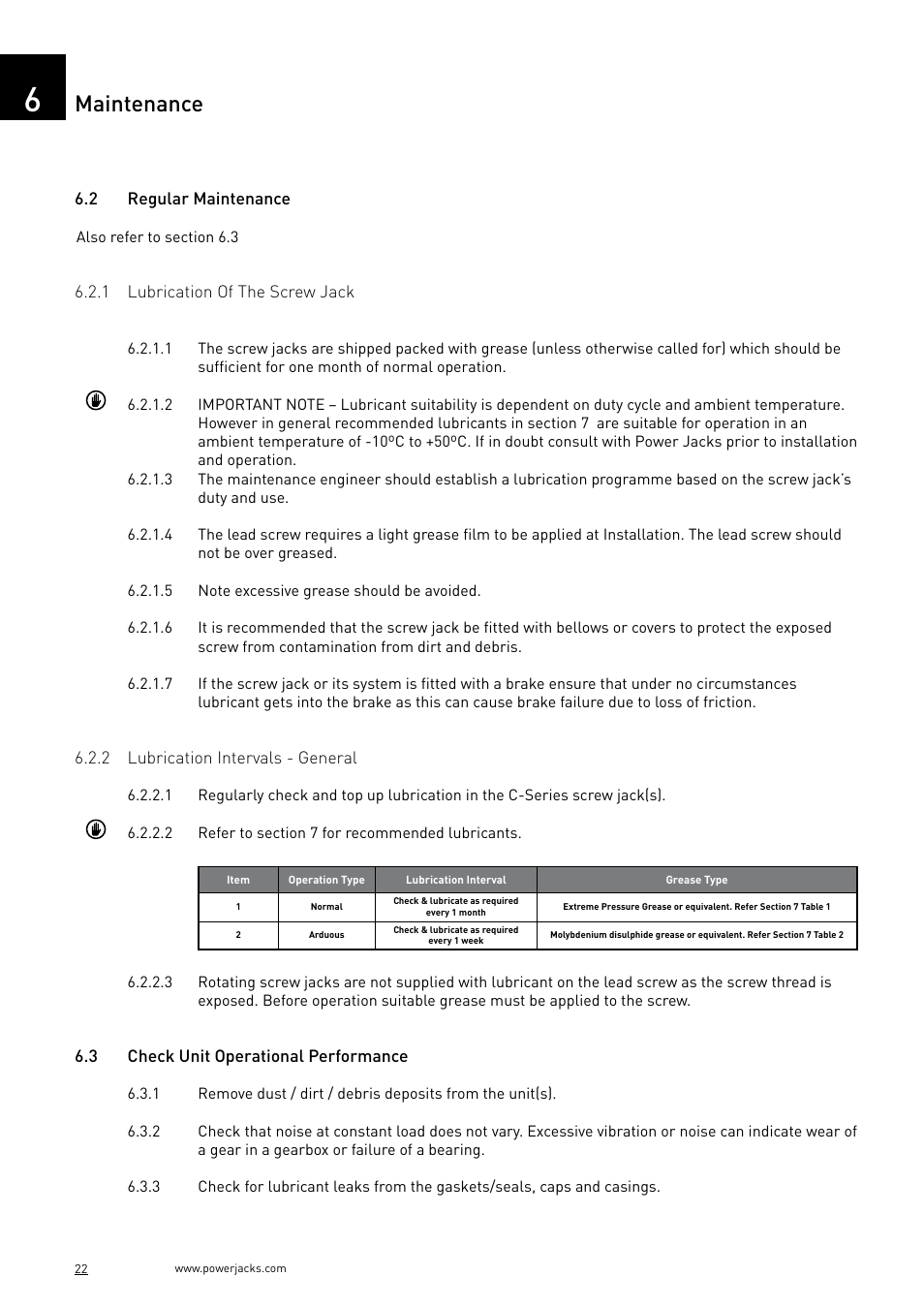 Maintenance | Power Jacks C-Series User Manual | Page 22 / 40