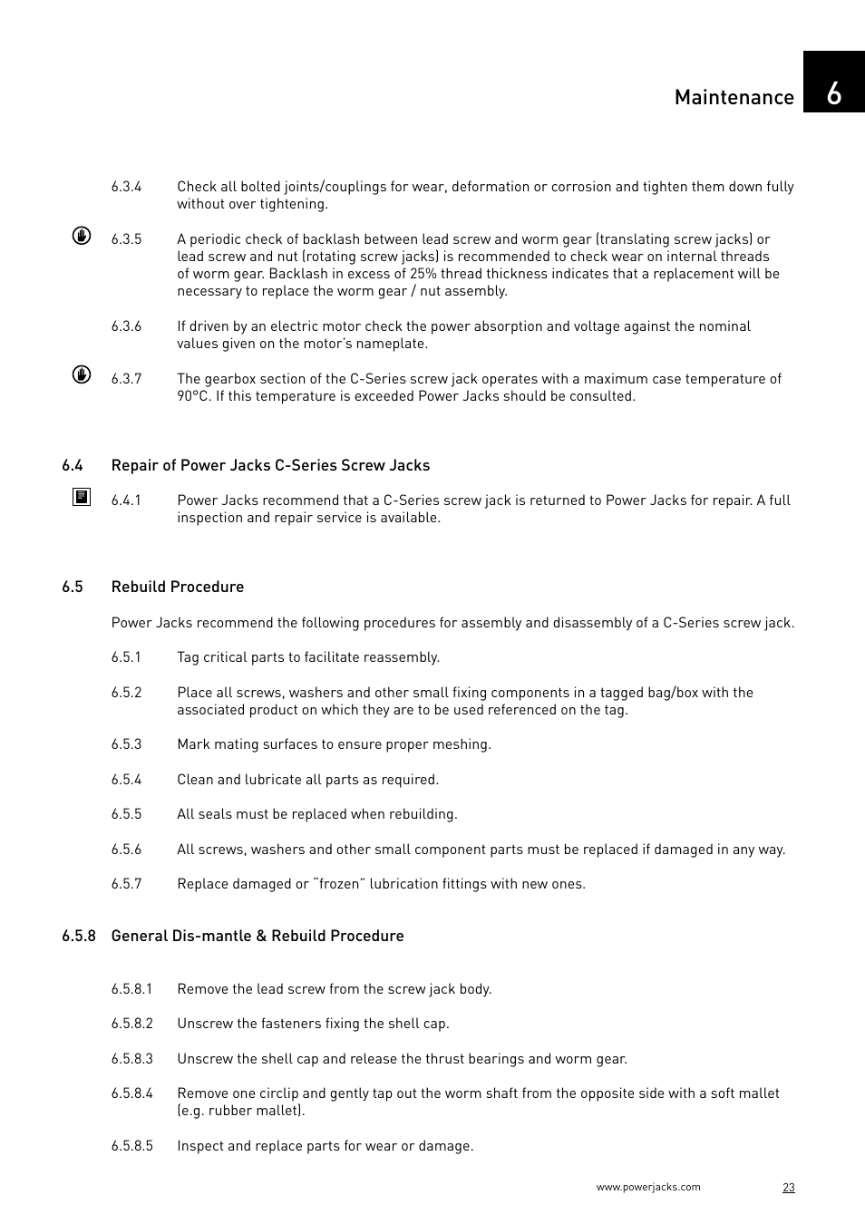 Maintenance | Power Jacks C-Series User Manual | Page 23 / 40