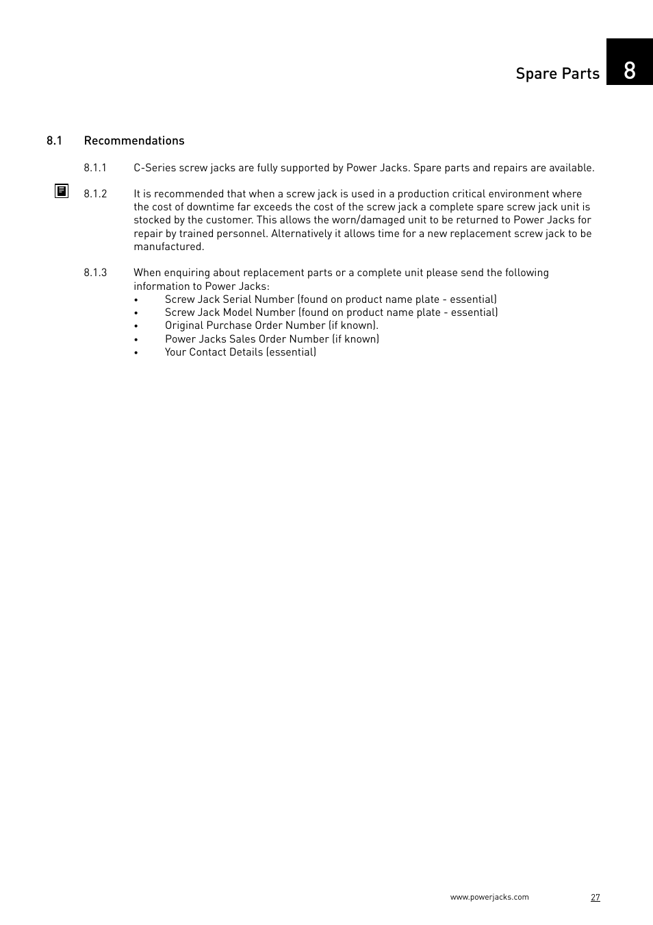 Spare parts | Power Jacks C-Series User Manual | Page 27 / 40
