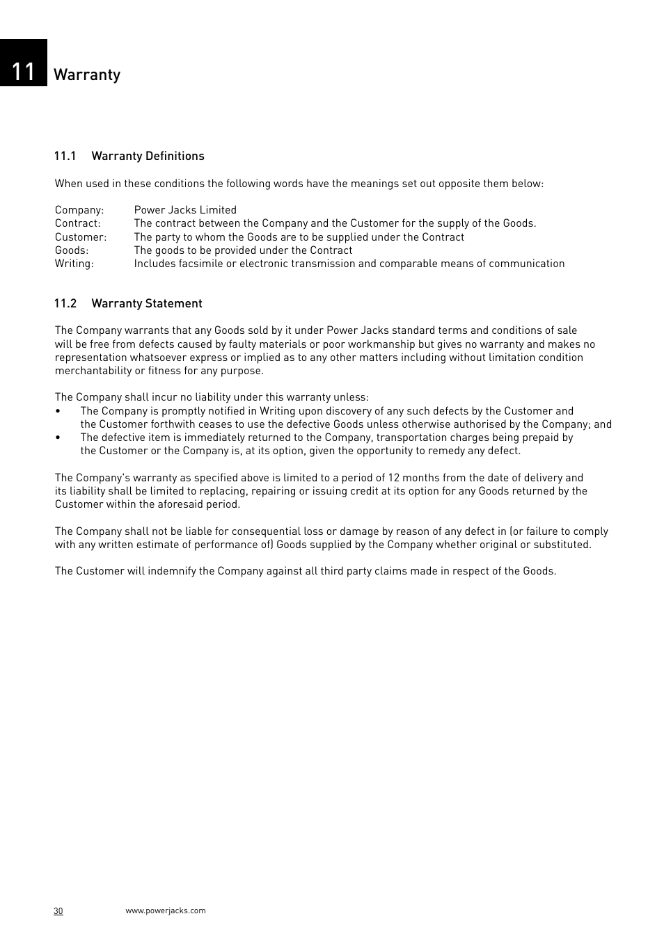 Warranty | Power Jacks C-Series User Manual | Page 30 / 40
