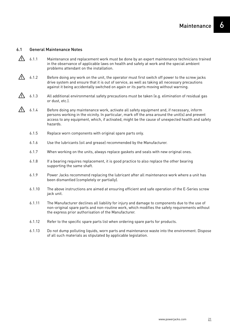 Maintenance | Power Jacks E-Series - Machine User Manual | Page 21 / 52