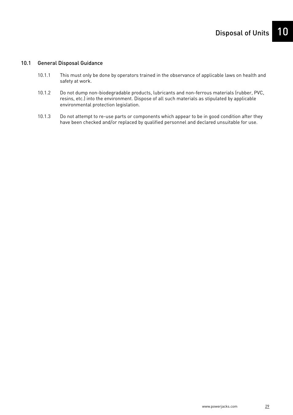 Disposal of units | Power Jacks E-Series - Machine User Manual | Page 29 / 52