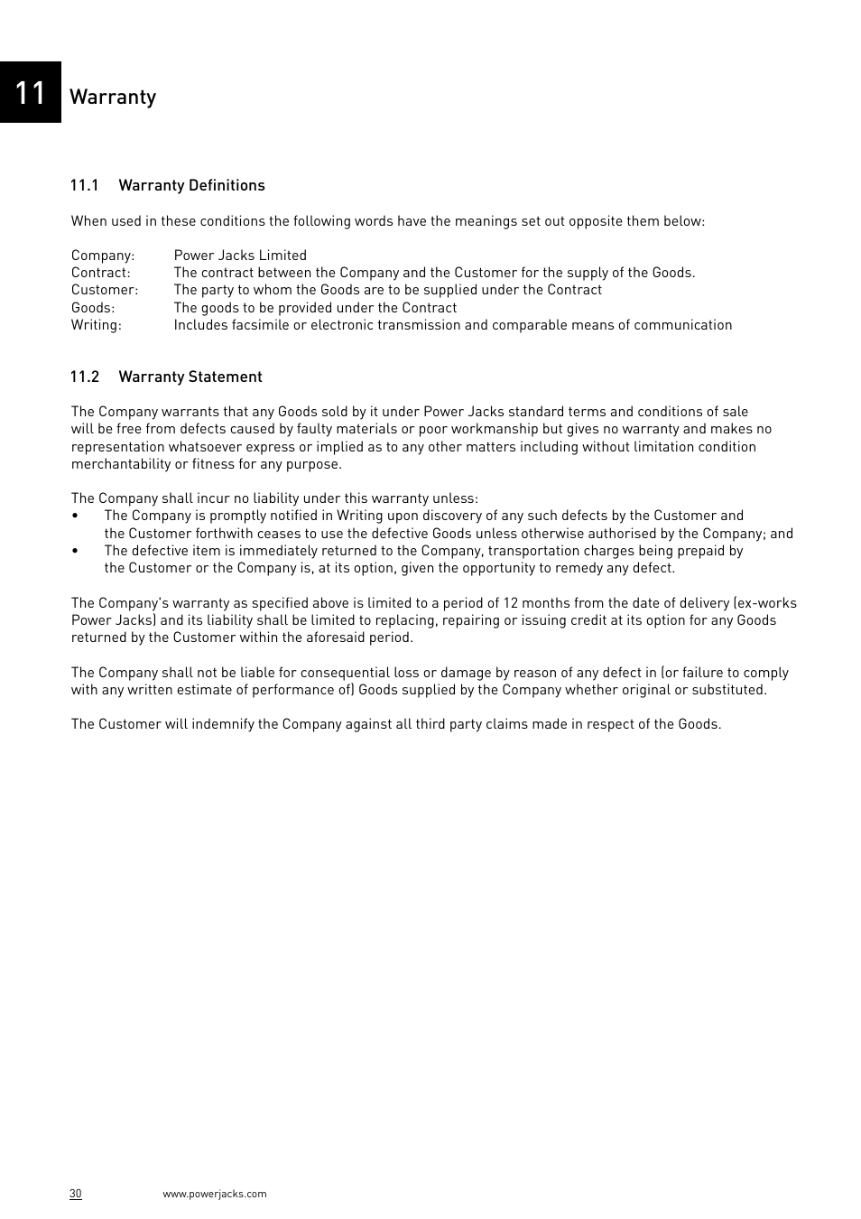 Warranty | Power Jacks E-Series - Machine User Manual | Page 30 / 52