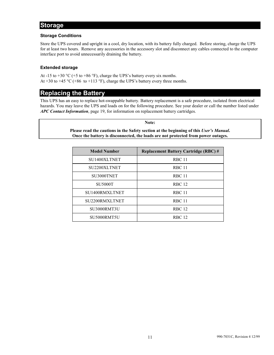Storage, Replacing the battery | American Power Conversion 5000T User Manual | Page 17 / 30