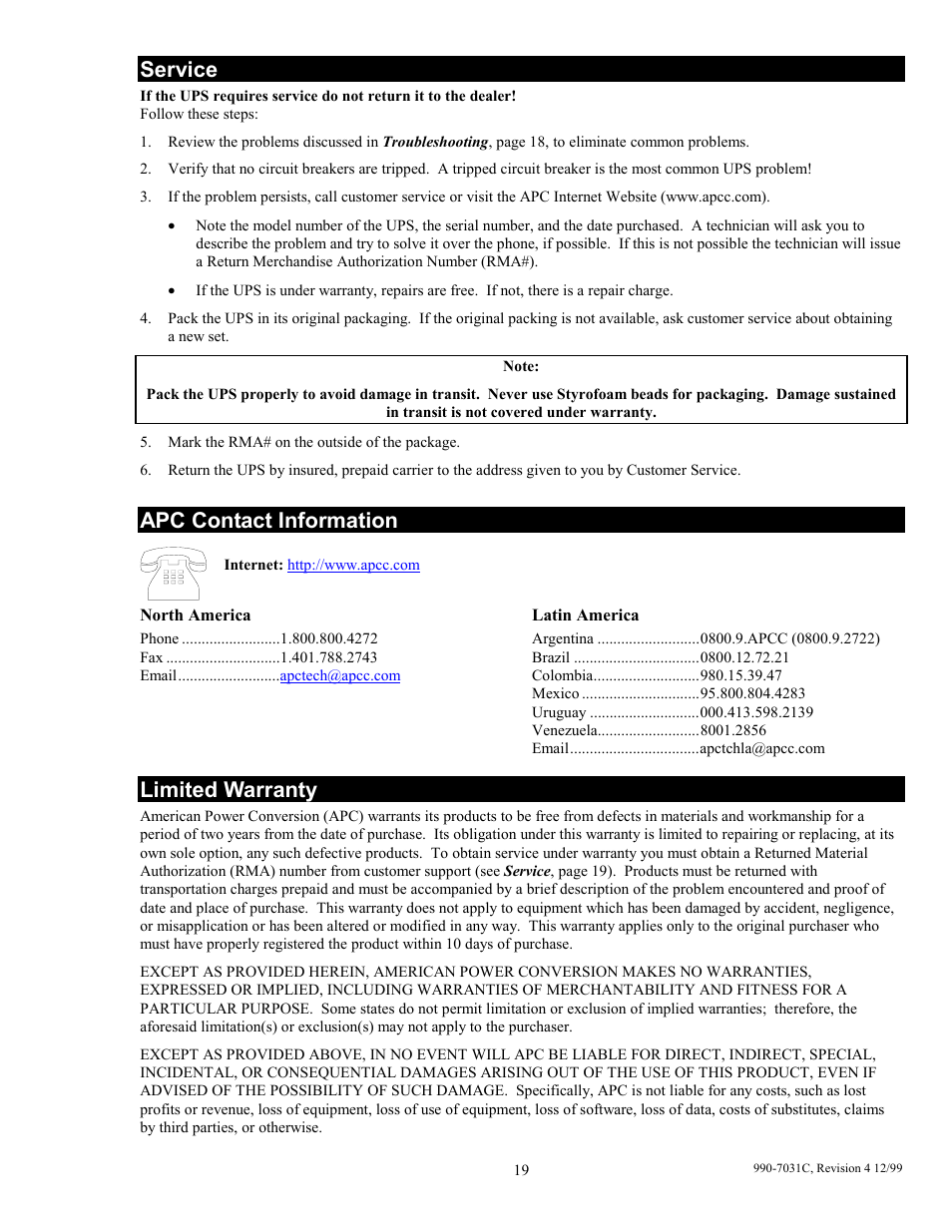 Service, Apc contact information, Limited warranty | American Power Conversion 5000T User Manual | Page 25 / 30