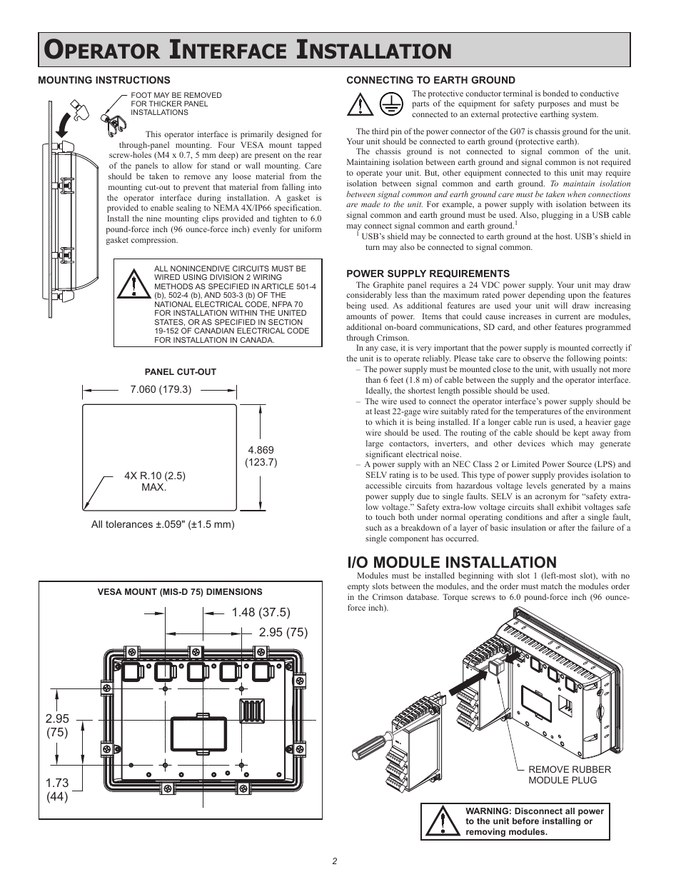 Perator, Nterface, Nstallation | I/o module installation | Red Lion G07 7" LCD color touch panel User Manual | Page 2 / 4