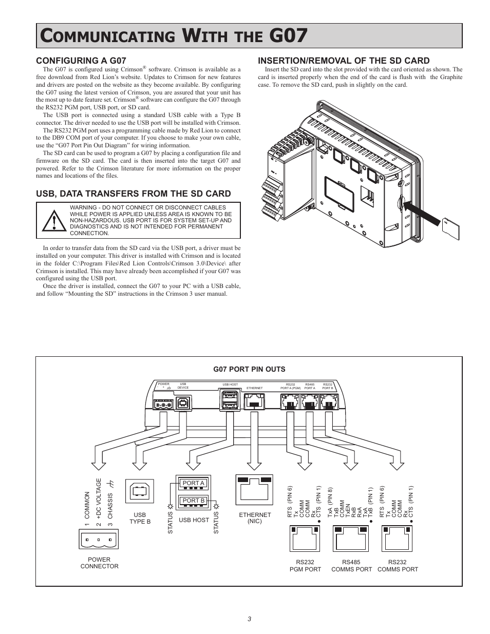 Ommunicating, Configuring a g07, Usb, data transfers from the sd card | Insertion/removal of the sd card | Red Lion G07 7" LCD color touch panel User Manual | Page 3 / 4