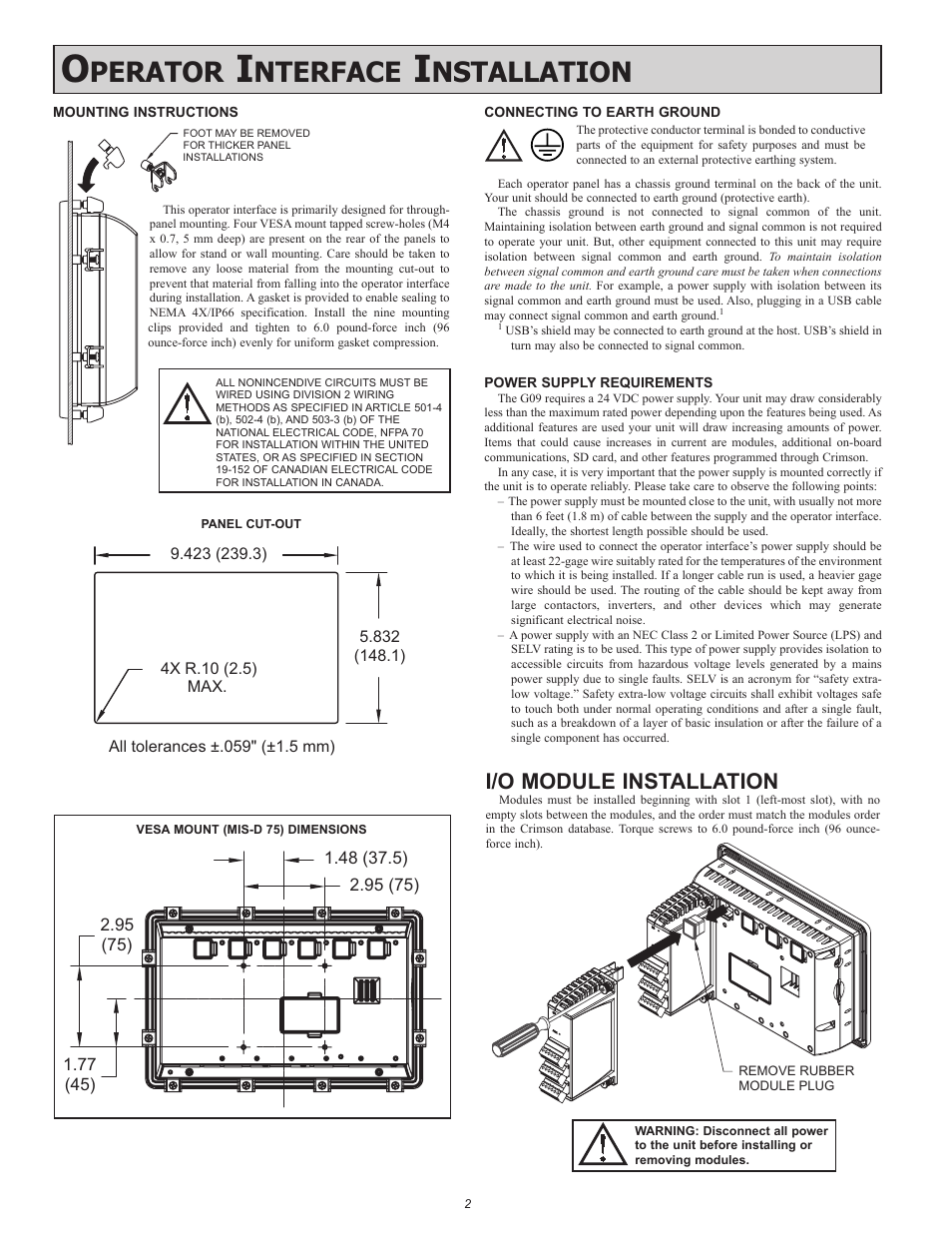 Perator, Nterface, Nstallation | I/o module installation | Red Lion G09 9" LCD color touch panel User Manual | Page 2 / 4