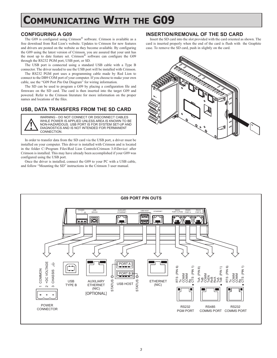 Ommunicating, Configuring a g09, Usb, data transfers from the sd card | Insertion/removal of the sd card | Red Lion G09 9" LCD color touch panel User Manual | Page 3 / 4