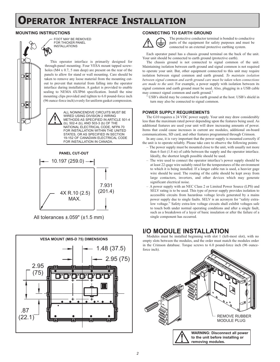 Perator, Nterface, Nstallation | I/o module installation | Red Lion G10 10" LCD color touch panel User Manual | Page 2 / 4