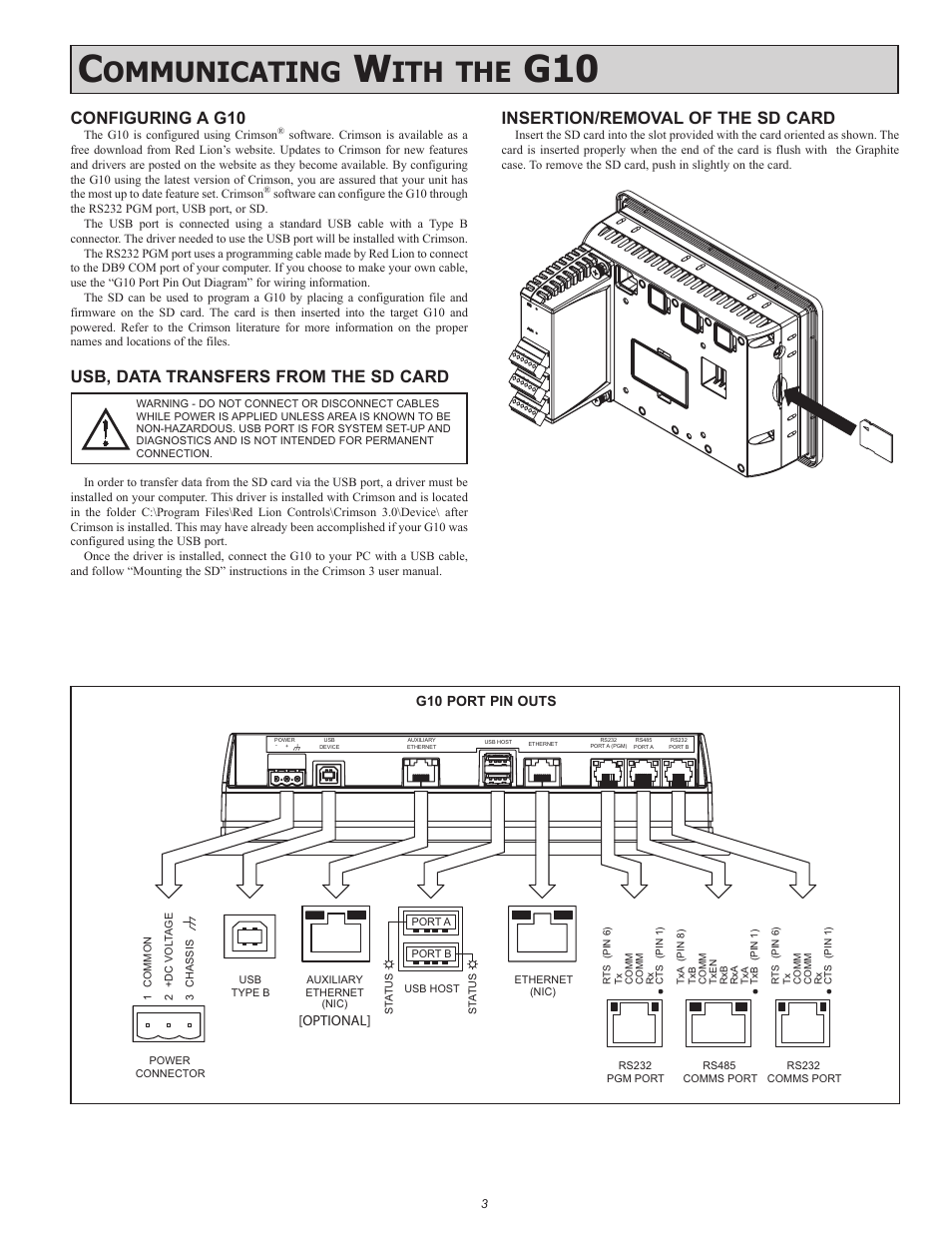 Ommunicating, Configuring a g10, Usb, data transfers from the sd card | Insertion/removal of the sd card | Red Lion G10 10" LCD color touch panel User Manual | Page 3 / 4