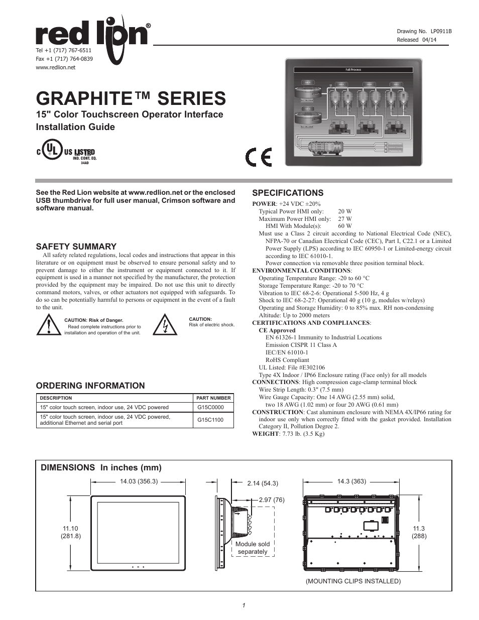 Red Lion G15 15" LCD color touch panel User Manual | 4 pages