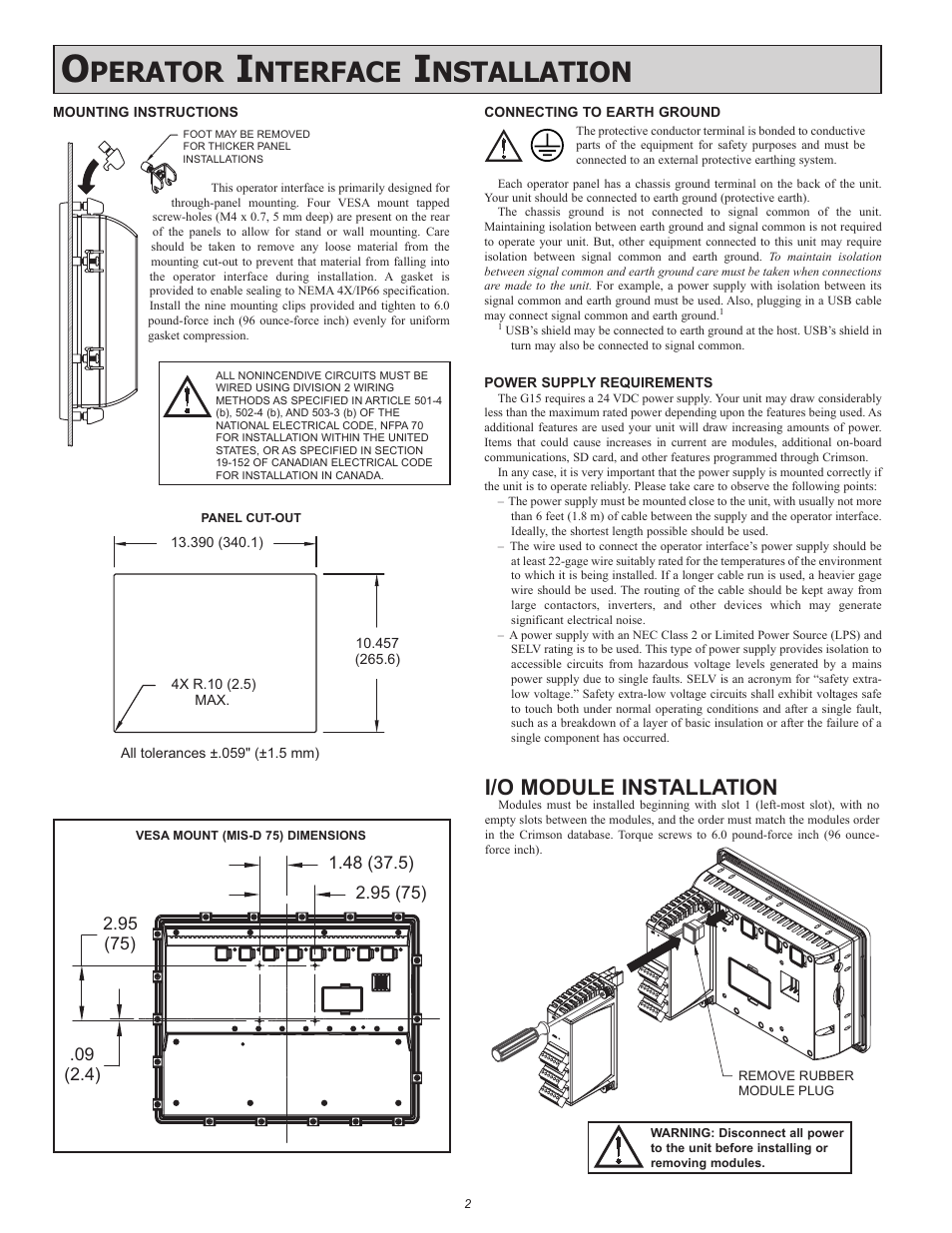 Perator, Nterface, Nstallation | I/o module installation | Red Lion G15 15" LCD color touch panel User Manual | Page 2 / 4