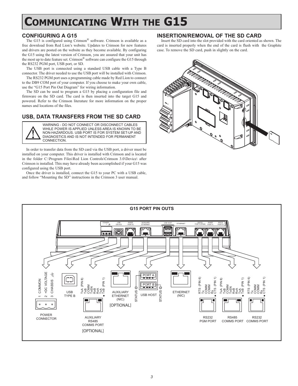 Ommunicating, Configuring a g15, Usb, data transfers from the sd card | Insertion/removal of the sd card | Red Lion G15 15" LCD color touch panel User Manual | Page 3 / 4