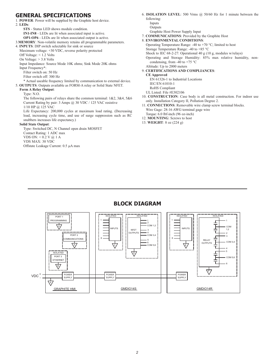 General specifications, Block diagram | Red Lion GMDIO Digital I/O Module User Manual | Page 2 / 8