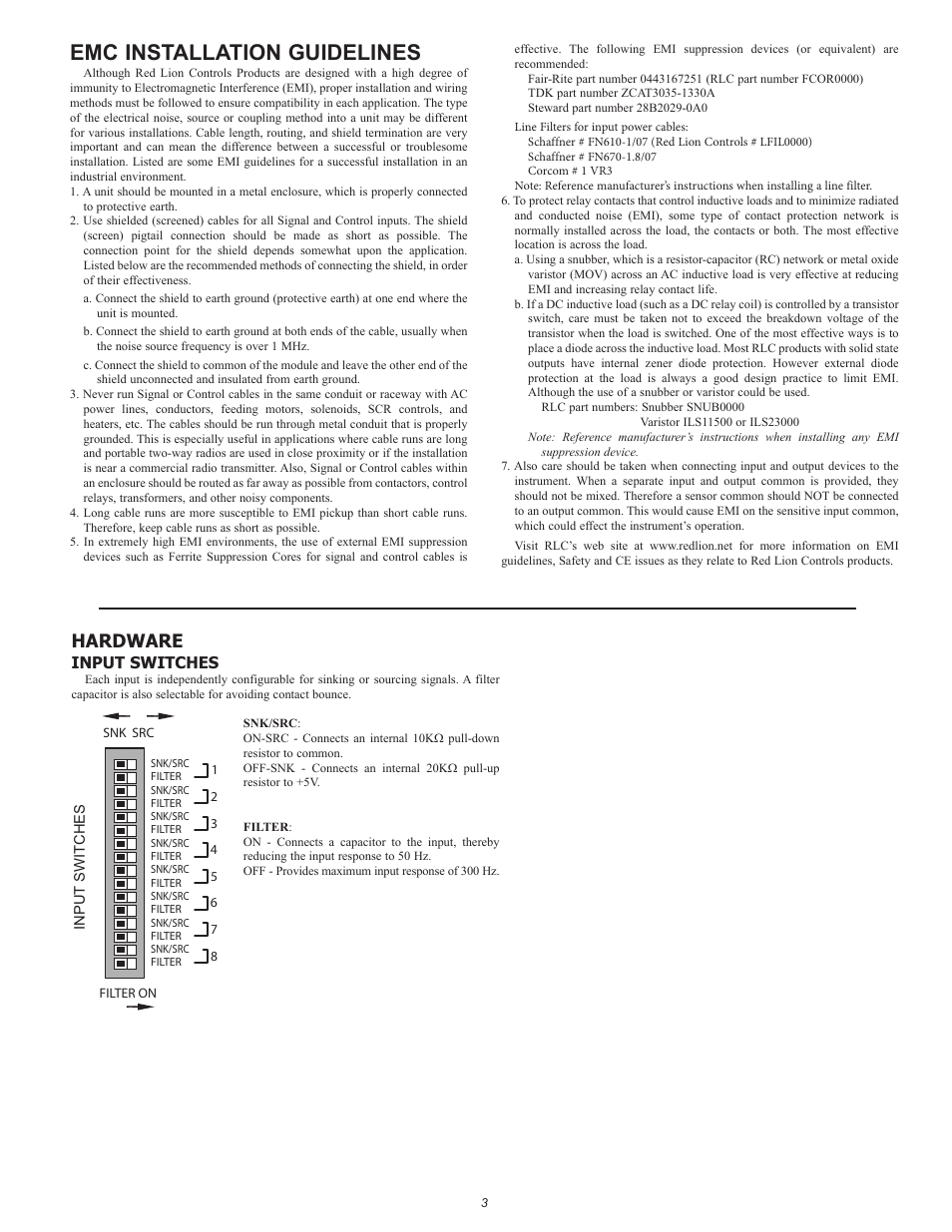 Emc installation guidelines, Hardware, Input switches | Red Lion GMDIO Digital I/O Module User Manual | Page 3 / 8