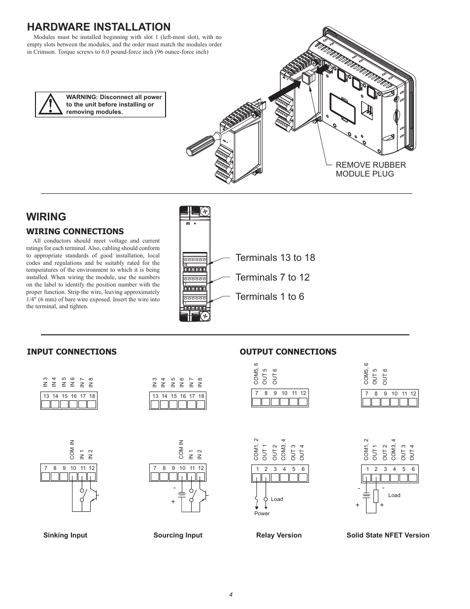 Wiring, Hardware installation, Wiring connections | Output connections, Input connections, Remove rubber module plug | Red Lion GMDIO Digital I/O Module User Manual | Page 4 / 8