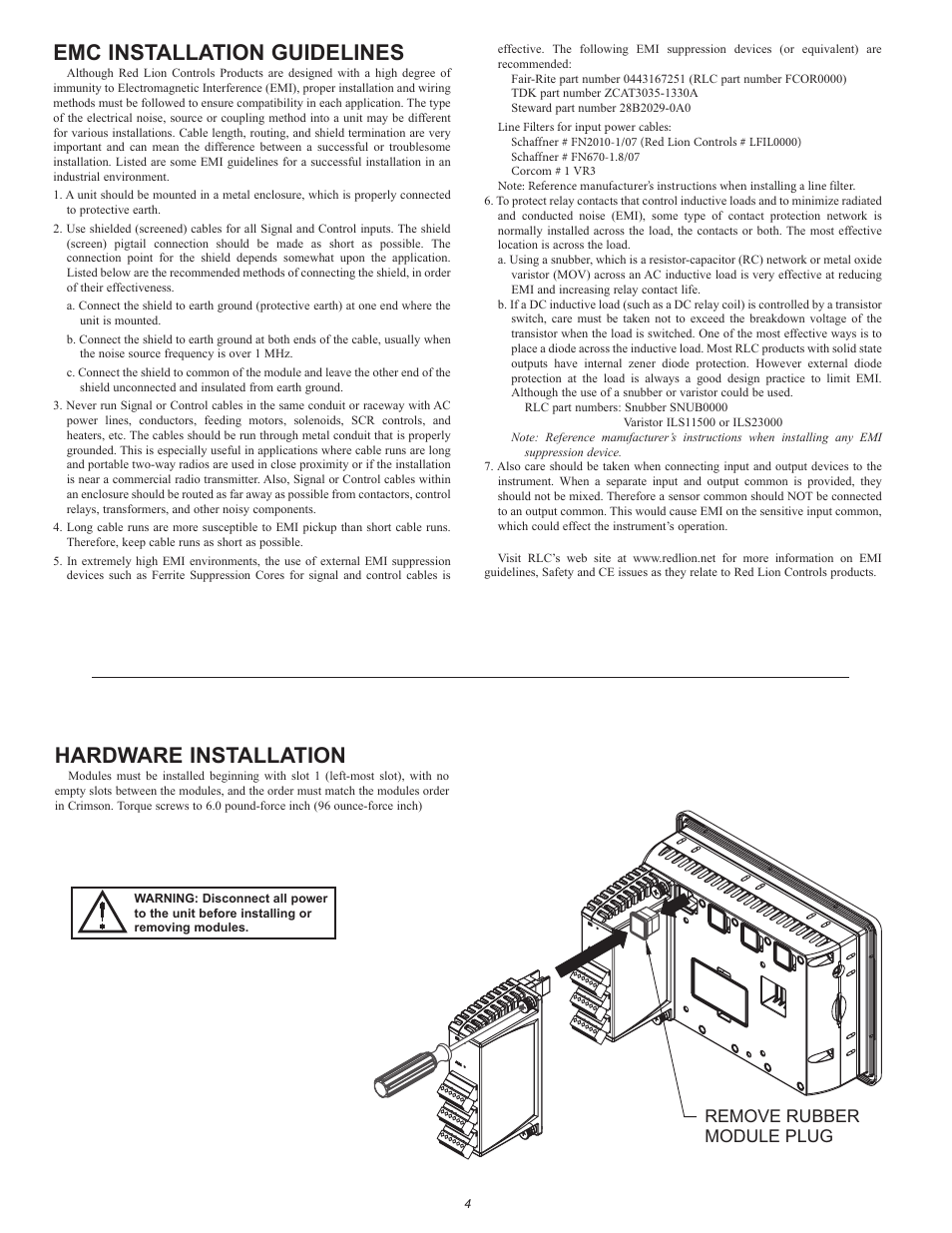 Hardware installation, Emc installation guidelines, Remove rubber module plug | Red Lion GMTC/GMRTD Modules for Thermocouples and RTDs User Manual | Page 4 / 8