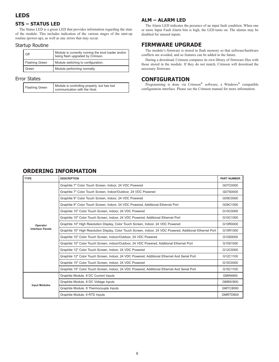 Ordering information, Leds, Firmware upgrade | Configuration, Sts – status led, Startup routine, Error states, Alm – alarm led | Red Lion GMTC/GMRTD Modules for Thermocouples and RTDs User Manual | Page 6 / 8