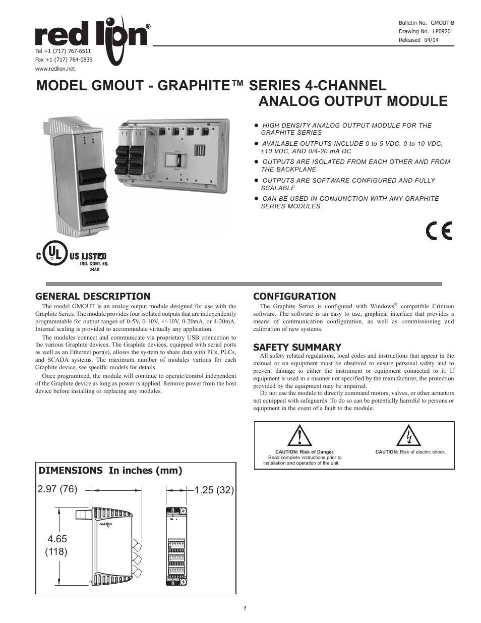 Red Lion GMOUT 4 Channel Analog Output Module User Manual | 4 pages