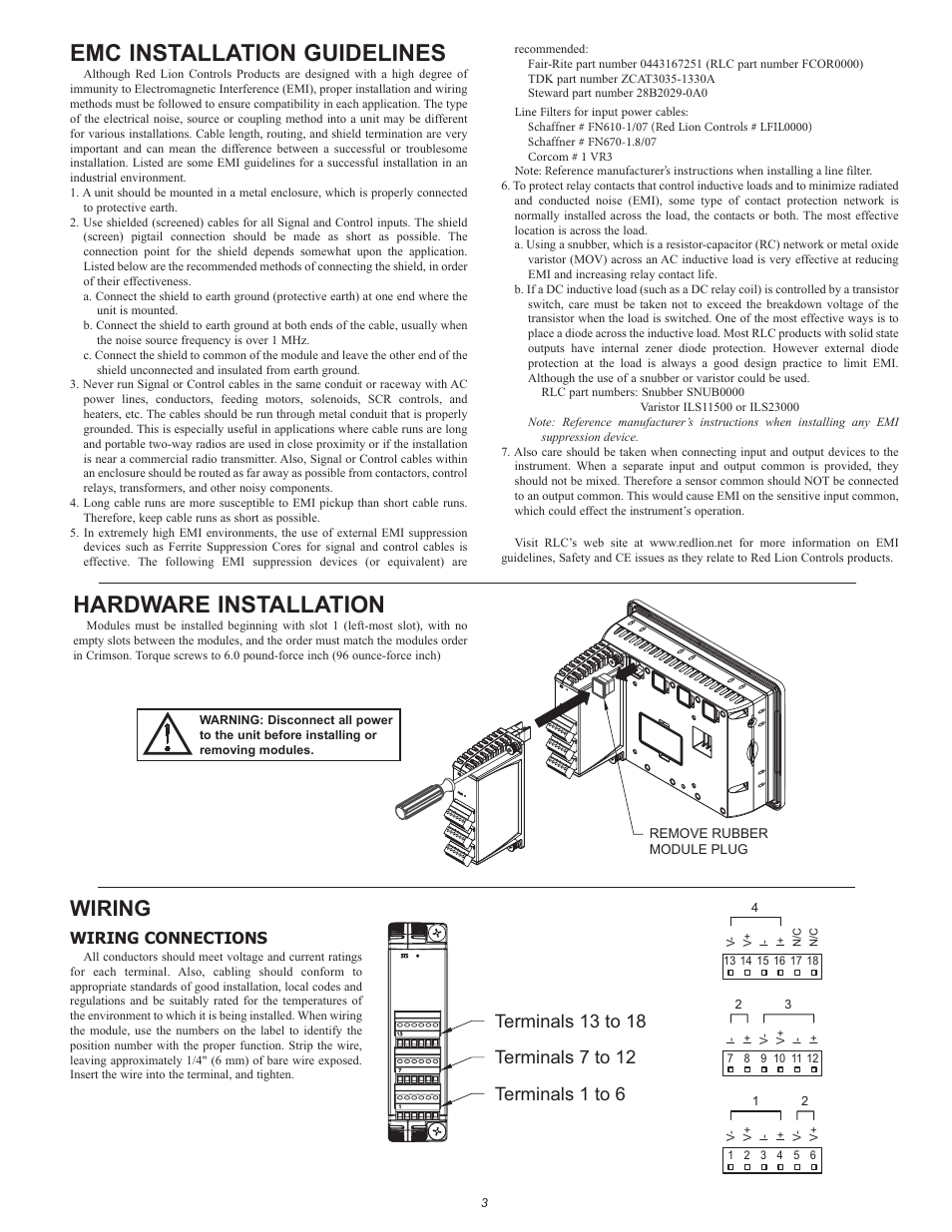 Emc installation guidelines, Hardware installation, Wiring | Wiring connections | Red Lion GMOUT 4 Channel Analog Output Module User Manual | Page 3 / 4