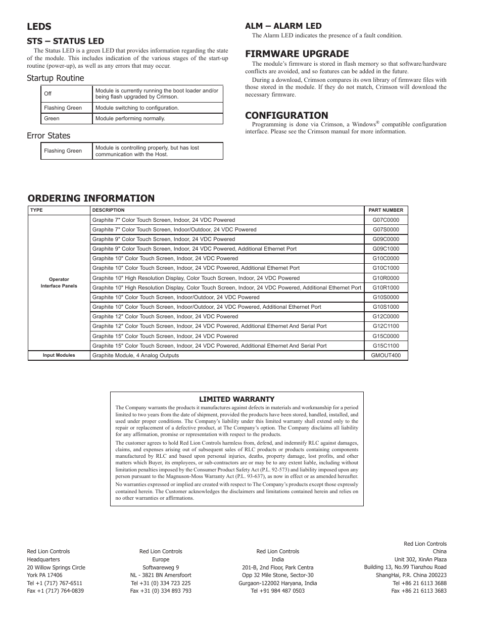 Leds, Firmware upgrade, Configuration | Ordering information, Sts – status led, Startup routine, Error states, Alm – alarm led | Red Lion GMOUT 4 Channel Analog Output Module User Manual | Page 4 / 4