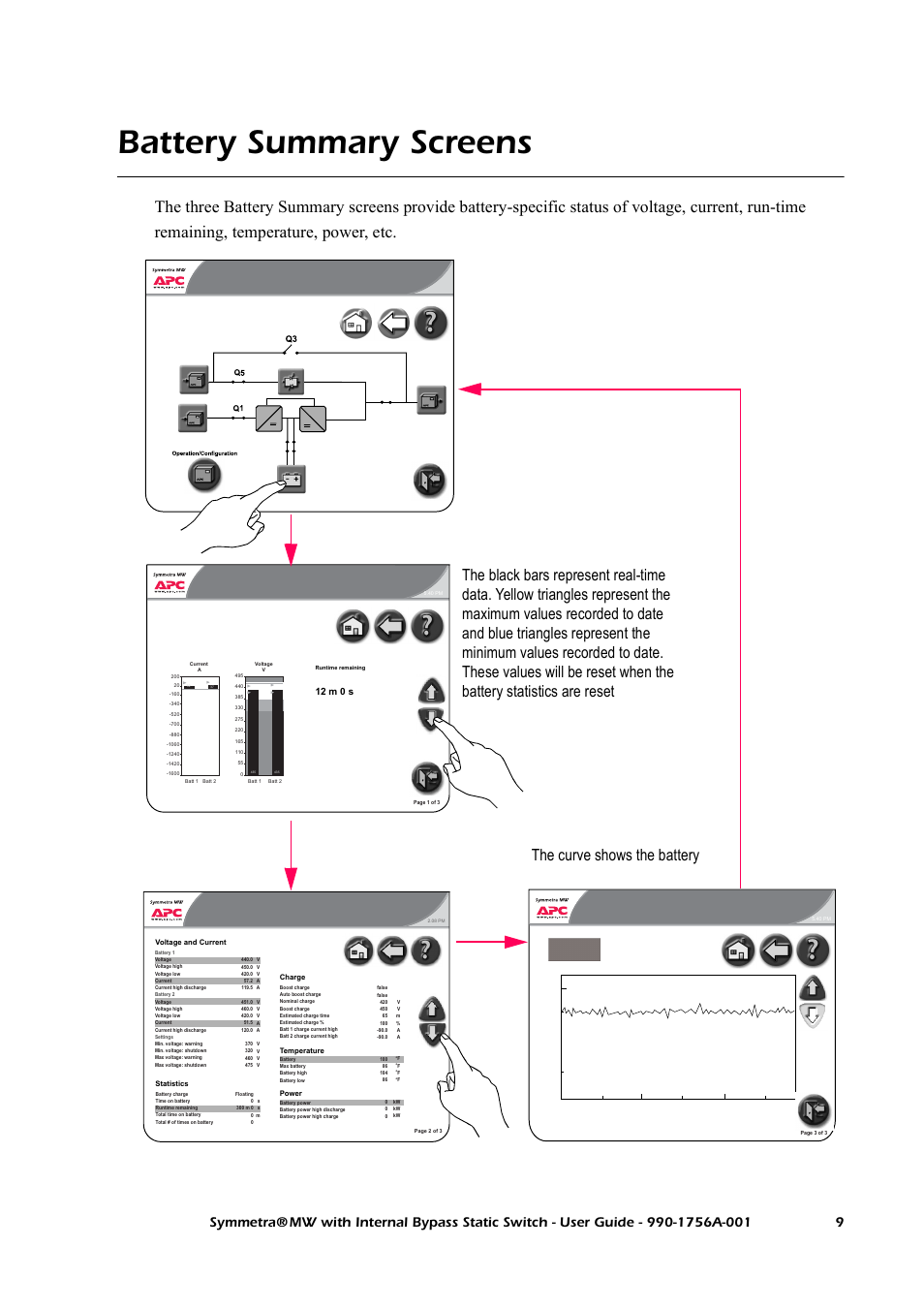 Battery summary screens, Output, Normal | Ups summary, Battery summary, 12 m 0 s | American Power Conversion Bypass Static User Manual | Page 15 / 56