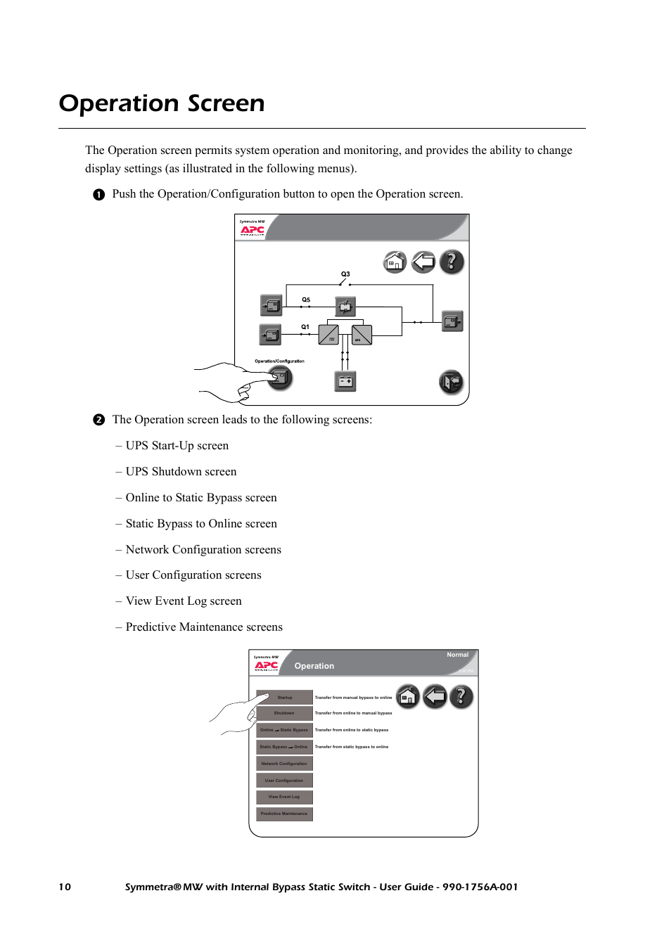 Operation screen | American Power Conversion Bypass Static User Manual | Page 16 / 56