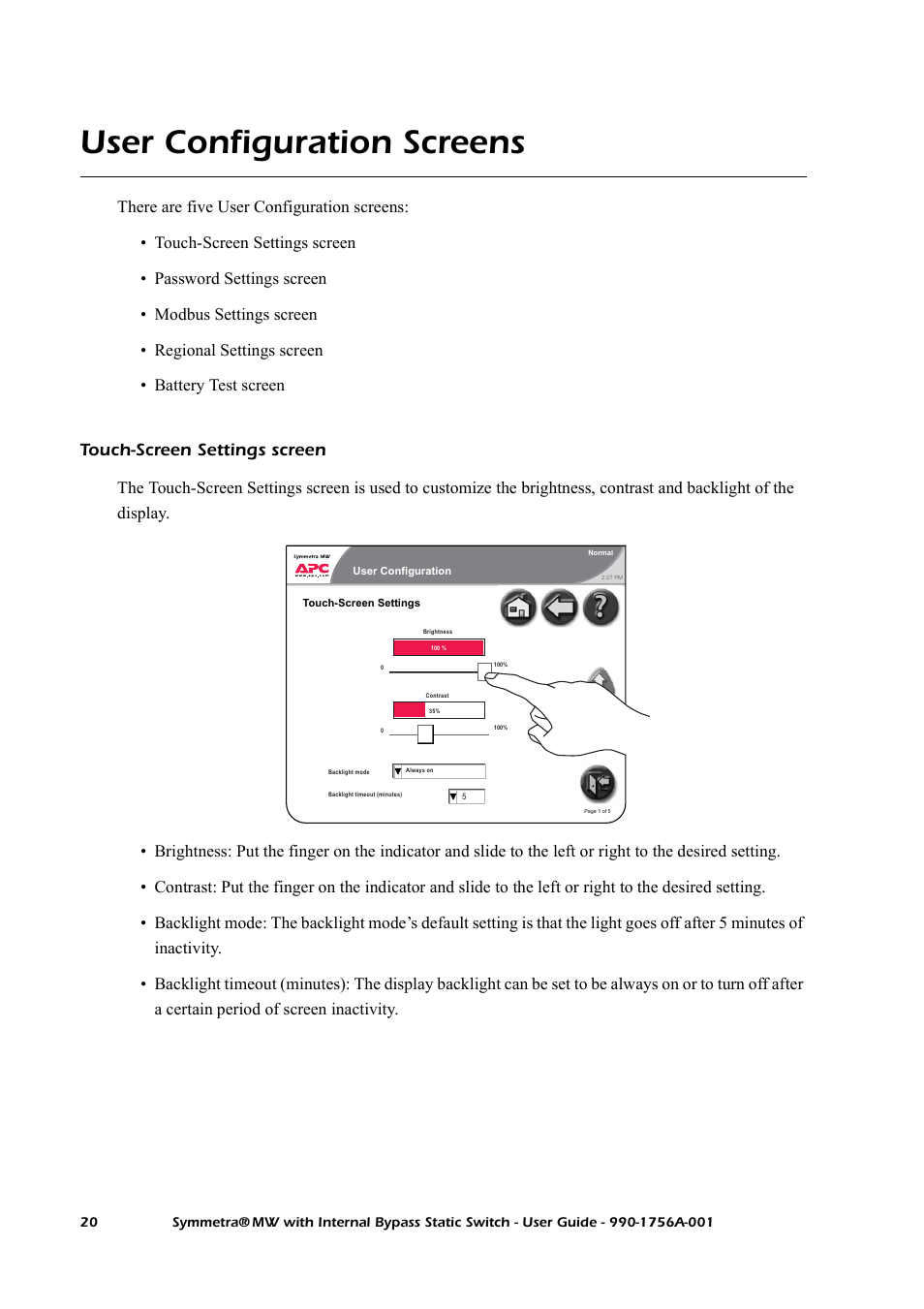 User configuration screens, Touch-screen settings screen | American Power Conversion Bypass Static User Manual | Page 26 / 56