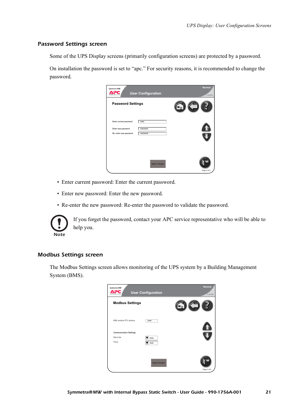 Password settings screen, Modbus settings screen, Ups display: user configuration screens | American Power Conversion Bypass Static User Manual | Page 27 / 56