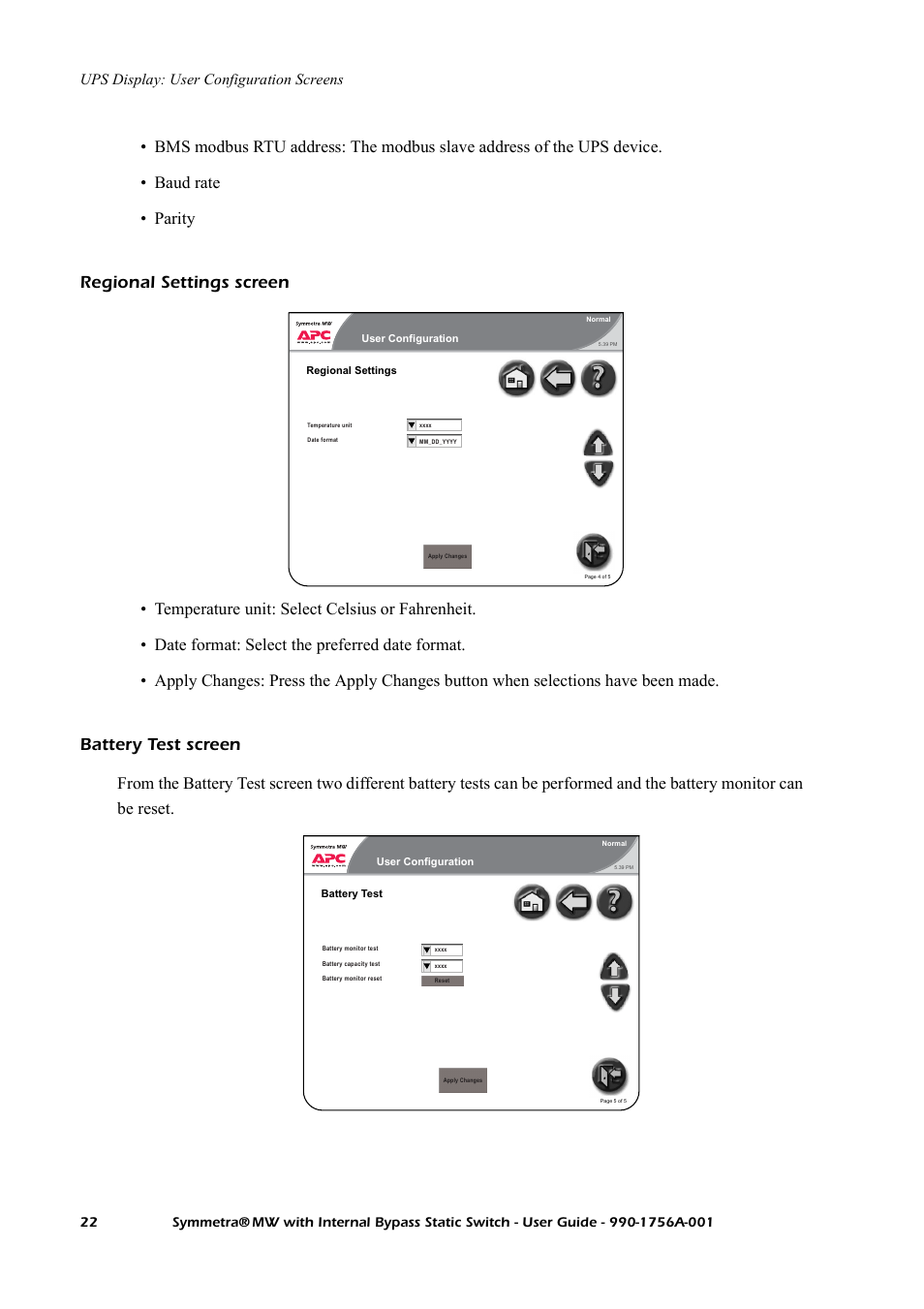 Regional settings screen, Battery test screen, Ups display: user configuration screens | American Power Conversion Bypass Static User Manual | Page 28 / 56