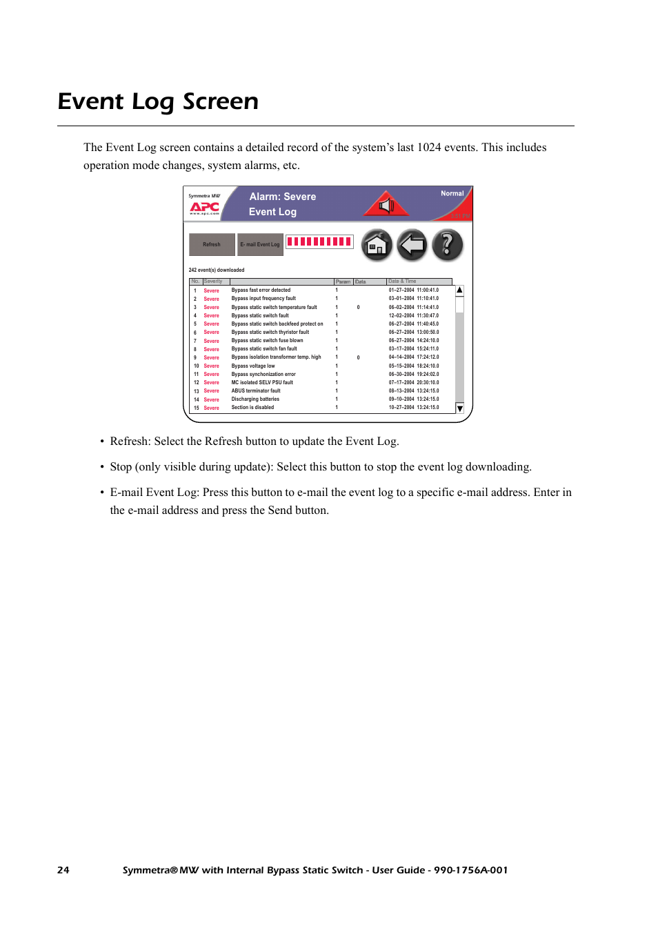 Event log screen, Alarm: severe event log | American Power Conversion Bypass Static User Manual | Page 30 / 56